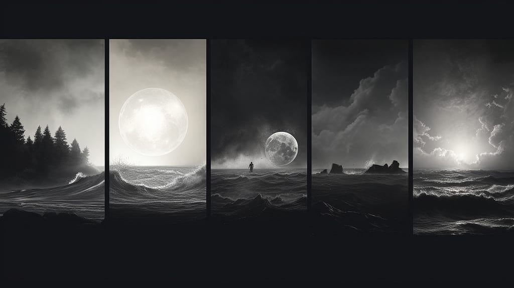 A monochrome image capturing a silhouette journeying through six distinct landscapes, each symbolizing a different stage of grief, from stormy seas to serene sunrise.