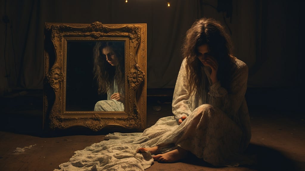 A person in a dimly lit room, sitting alone, hands covering their face in disbelief, with a dropped, broken picture frame of a loved one on the floor.