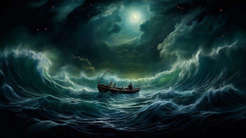 Depict a stormy sea with large, angry waves against a dark sky, a solitary rowboat caught in the tempest, symbolizing a person's struggle with the anger stage of grief.