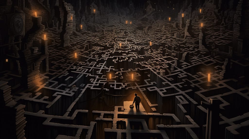 A dimly lit maze with walls made of contract papers, a desperate figure at the center clutching a broken hourglass, and an elusive exit glowing with a hint of hope.