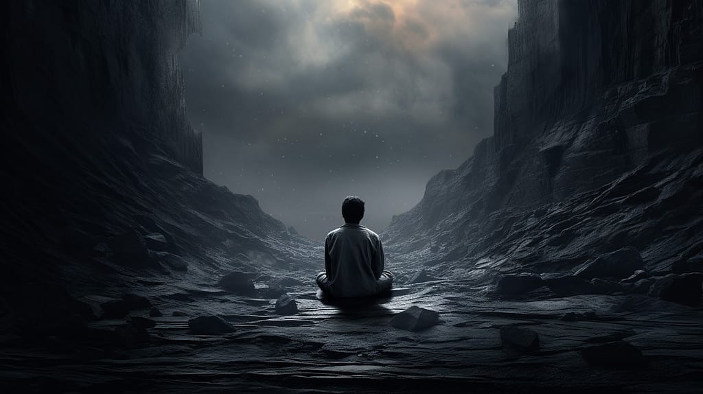 An image of a lone figure sitting at the edge of a dark, empty abyss, with six distinct, gradually lightening shades of gray stretching into the distance.