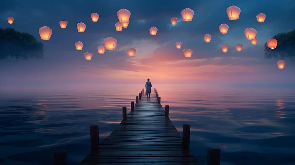 A serene lake at dawn, reflecting the first light. A figure, alone on a dock, releasing a paper lantern to float away, symbolizing acceptance and letting go. A trail of lanterns behind, showing the journey.