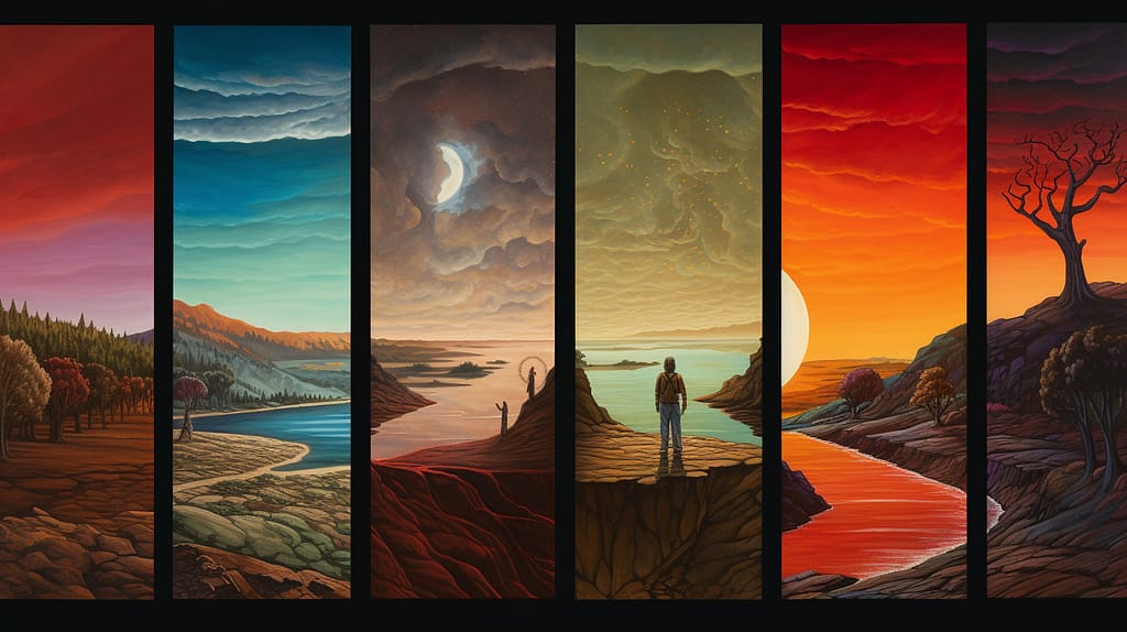 A solitary figure journeying through six distinct landscapes, each representing a stage of grief, with the final landscape showing a sunrise symbolizing personal healing.