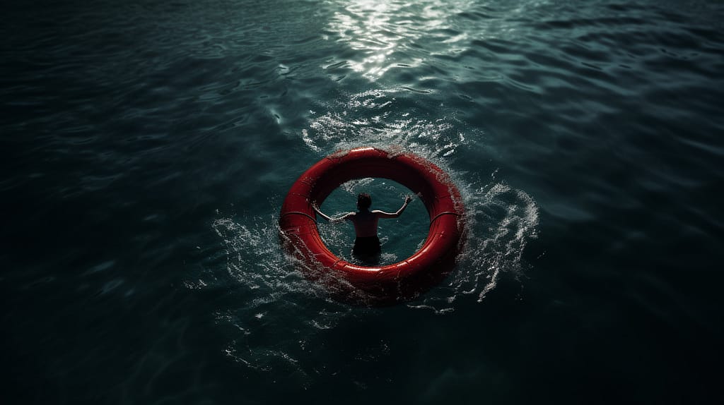 An image of a person half-submerged in water, reaching out for a life buoy with the symbol of a psychologist on it, amidst abstract shadows representing the 6 stages of grief.