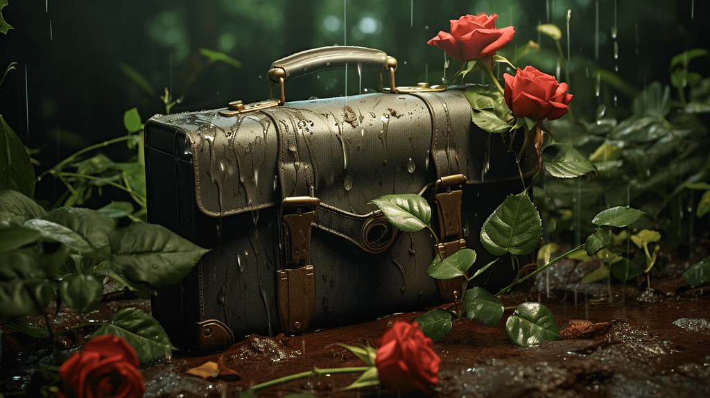  image showing a shattered briefcase, a faded corporate logo, and a single wilting rose, all being gradually covered and healed by lush, green ivy growth.