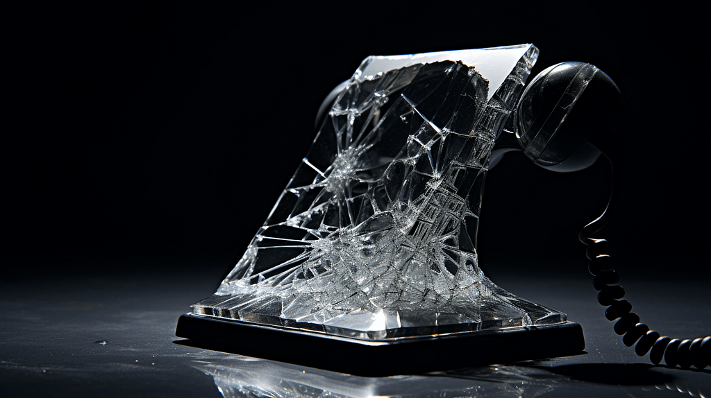 shattered glass telephone, symbolizing broken communication, with a fading shadow of a person, representing disappearing grief, against a somber, desaturated background.