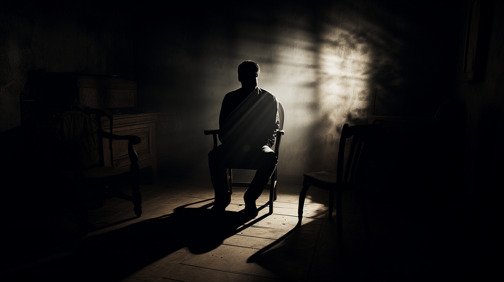 image of a person sitting alone in a dimly lit room, gripping their chest, with shadows symbolizing anxiety looming over them. A faded, empty chair represents the concept of unaided grief.