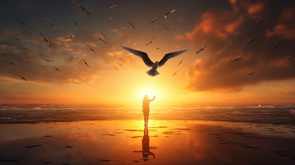 A soothing sunrise illuminating a calm ocean, with a single feather floating on the surface. A silhouette of a person standing on the beach, gazing at the horizon, hands open and releasing a dove into the sky.