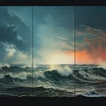 An ocean scene transitioning from stormy to calm, with six distinct areas representing the stages of grief: denial, anger, bargaining, depression, acceptance, and finding meaning.