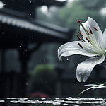 a solitary, dew-kissed lily in monochrome, with a blurred traditional Japanese garden in the background, reflecting the symbology of grief