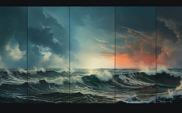 An ocean scene transitioning from stormy to calm, with six distinct areas representing the stages of grief: denial, anger, bargaining, depression, acceptance, and finding meaning.