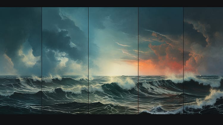 An ocean scene transitioning from stormy to calm, with six distinct areas representing the stages of grief: denial, anger, bargaining, depression, acceptance, and finding meaning.