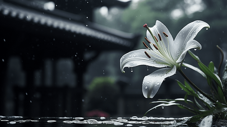 a solitary, dew-kissed lily in monochrome, with a blurred traditional Japanese garden in the background, reflecting the symbology of grief