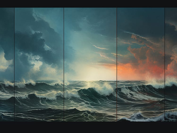 An ocean scene transitioning from stormy to calm, with six distinct areas representing the stages of grief: denial, anger, bargaining, depression, acceptance, and finding meaning.