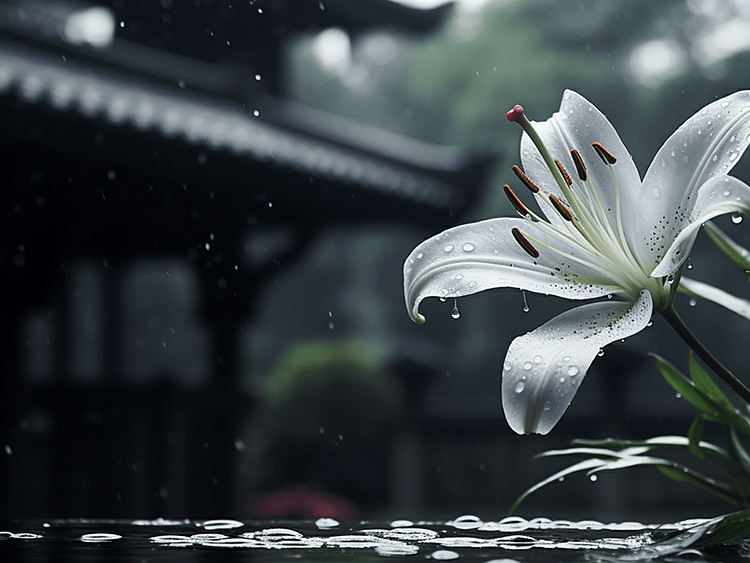 a solitary, dew-kissed lily in monochrome, with a blurred traditional Japanese garden in the background, reflecting the symbology of grief
